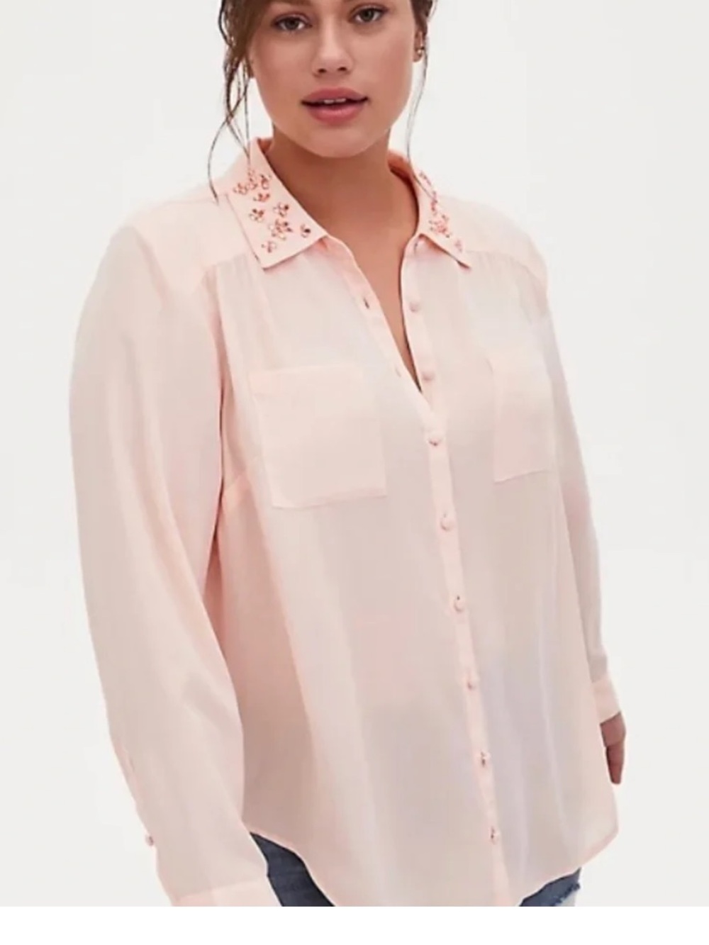 Light Pink Embroidered Collar Button-Down Blouse